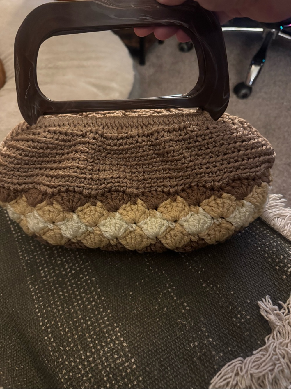 Vintage 70’s Woven Crochet Handbag with Acrylic Handles - Brown & Cream